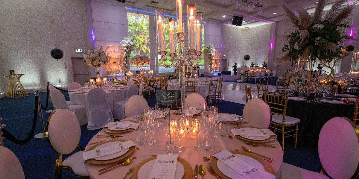 The Edessa hall set for a banquet