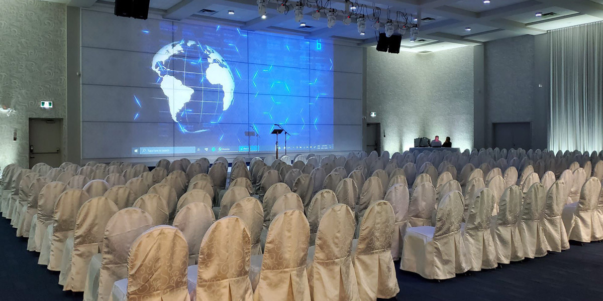 Hall set with a large presentation screen